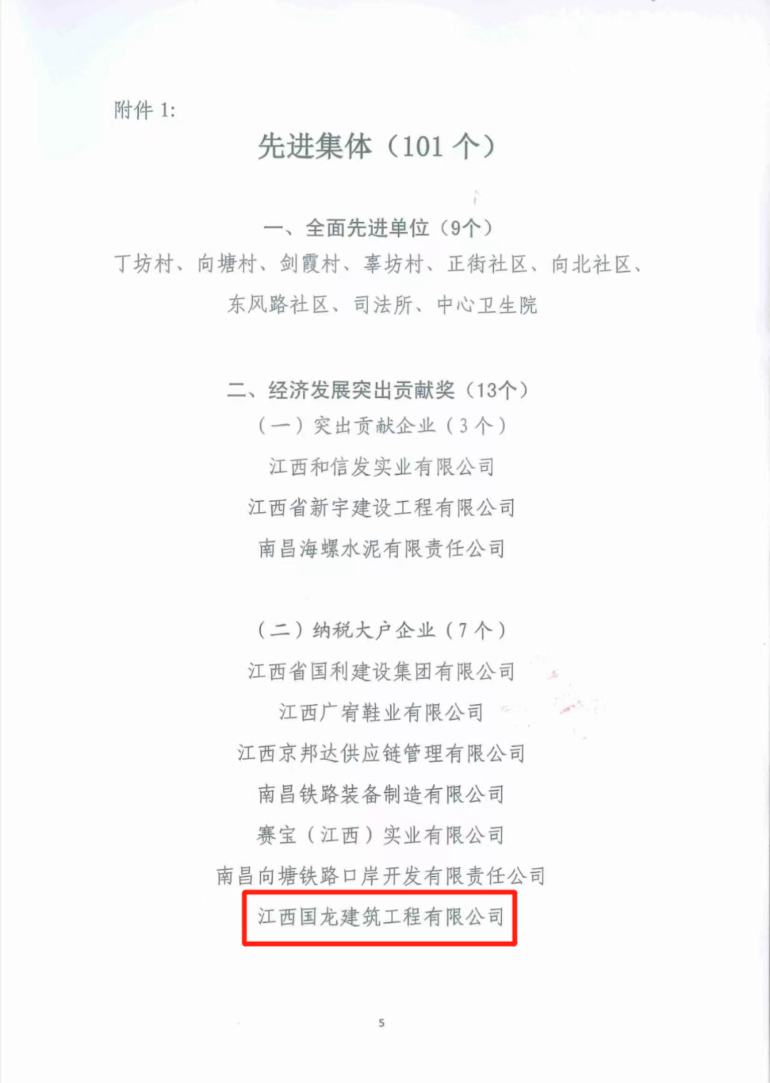 先进集体名单（国龙建筑红框标注）